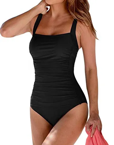 Upopby Women's Vintage Tummy Control One Piece Swimsuits Monokini Slimming Push Up Bathing Suits Plus Size Swimwear Black 12