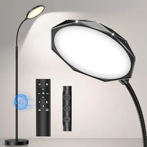 PACOVY LED Floor Lamp, 18W Bright Floor Lamps for Living Room, Stepless Adjustable Colors & Brightness Standing Lamp with Timer, Remote & Touch Control, Eye Caring Reading Lights for Bedroom,Office