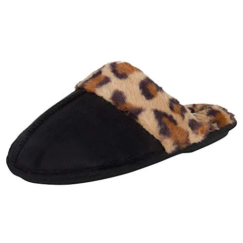Jessica Simpson Women's Comfy Faux Fur House Slipper Scuff Memory Foam Slip on Anti-Skid Sole, Black/Leopard, Large