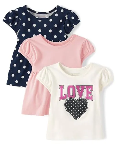 The Children's Place Baby Girls' and Toddler Short Sleeve Everday Casual Knit Shirt, Love/Pink/Tidal Dot 3-Pack