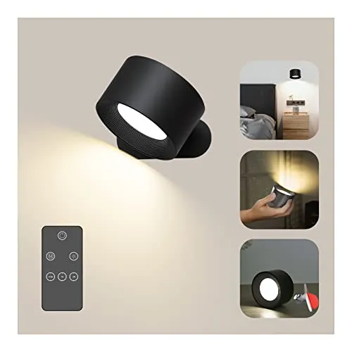 LED Wall Sconce, Wall Mounted Lamp with Rechargeable Battery Operated 3 Color Temperature & 3 Brightness Level 360°Rotate Magnetic Ball, Touch&Remote Control, Cordless Wall Light for Reading Bedside