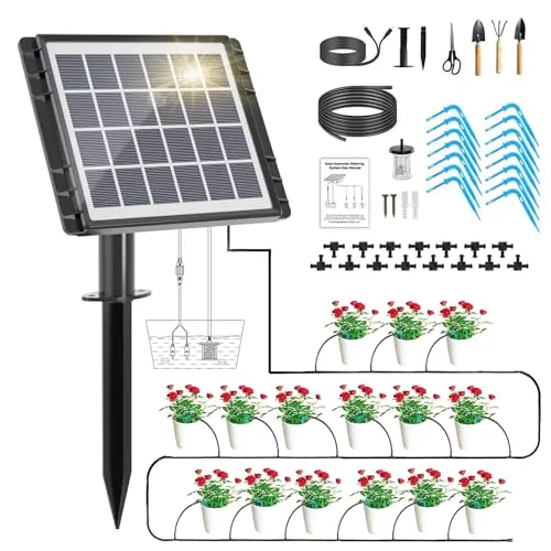 Solar Auto Drip Irrigation Kit System, Solar Powered Plants Watering System, Self Watering Devices Supported 15Pots with 6Timing Modes, Irrigation System for Indoor and Outdoor,Balcony Patio & Garden