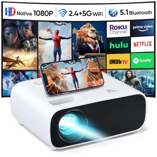 Projector with WiFi and Bluetooth, 18000 Lumen Native 1080P Projector,Portable Outdoor Projector, Movie Mini Projector Compatible with iOS/Android/HDMI/ TV Stick