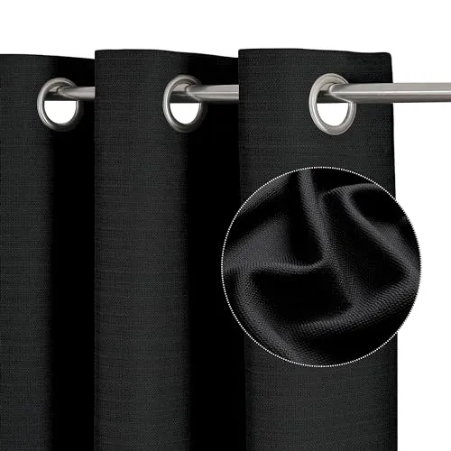 Chyhomenyc Bella Black Blackout Curtains 84 Inches Long 2 Panels for Bedroom, 100% Darkening Faux Linen Textured Heavy Grommet Curtain Drapes for Living Room Farmhouse, Each 52Wx84L Inch