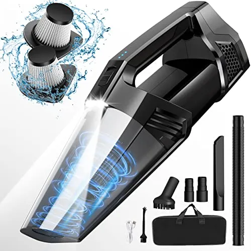 Portable Car Vacuum Cordless Handheld Vacuum with LED Light, High Power Suction, Lightweight Rechargeable Hand Vacuum, Hand Held Vacuum Cleaner for Car Home Office, Pet Hair, Black