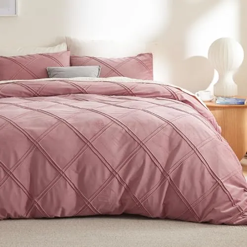 Bedsure Flannel Velvet Duvet Cover Queen Size, Ultra Soft Breathable Fluffy Fleece Comforter Cover Set, All Season Cozy Geometric Duvet Cover with Zipper Closure, 3 Pieces Set, Pink Clay