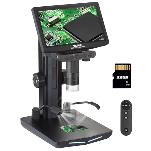 VEVOR 7" HDMI LCD Digital Microscope for Adults, Soldering Electron Microscope 1200X with IPS Screen, 8 LED Lights, 2 Flexible Side Lights, PC View, USB Coin Microscope for Windows/MacOS/TV, 32GB