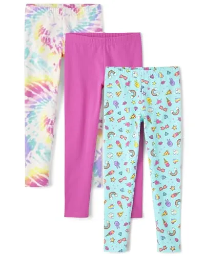 The Children's Place Girls' Assorted Everyday Pull On Leggings, Tie Dye/Icons/Pink 3-Pack