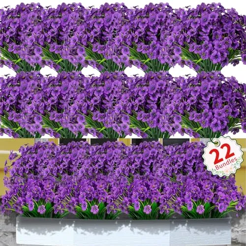 Usmilegift Artificial Flowers Outdoor,22 Bundles Faux Flowers UV Resistant,Faux Plastic Plants Silk Flower for Outdoors Outside Front Porch Hanging Planter Decoration(Deep Purple)