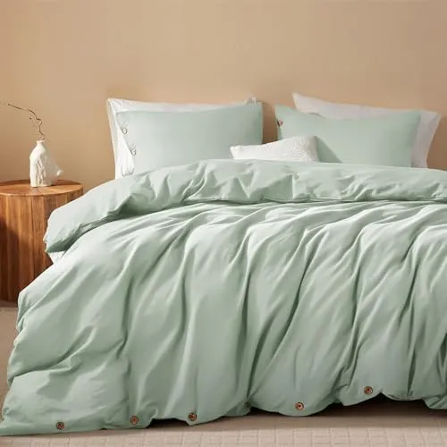 SunStyle Home 100% Washed Cotton Duvet Cover Set Breathable Soft Twin Light Green Duvet Cover 2 Pieces Solid Color Bedding Set with Buttons Closure Comforter Cover Set (1 Duvet Cover +1 Sham)
