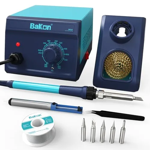 BAKON 969 Soldering Iron Kit,90W Precision Soldering Station,Soldering Kit with Knob Stepless Temp Controlled,5 Extra Iron Tips,Lead-Free Solder,Sucker,Tweezers,for Electronics Beginner