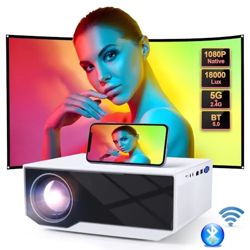 Projector with Wifi and Bluetooth, Native 1080P 18000 Lumens Mini Projector, Portable Projector Video Projector Compatible with iOS/Android/TV Stick/PS4/HDMI/PPT/USB（White)