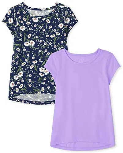 The Children's Place Baby Girls' Short Sleeve High Low Top, Milky Way 2-Pack, Small