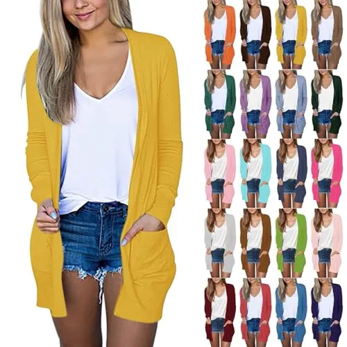 Generic Womens Cardigans Lightweight Long Sleeve Pockets, 2024 Fall Open Front Cardigan Jackets For Women Trendy Work Shirts, Large, Yellow-a