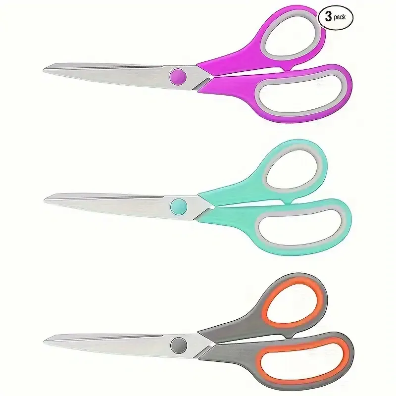 8-inch Universal Scissors Bulk 3-piece pack, ultra-sharp 2.5mm thick blade scissors Comfortable grip scissors for desk accessories Sewing fabrics Home craft school supplies, right/left hand