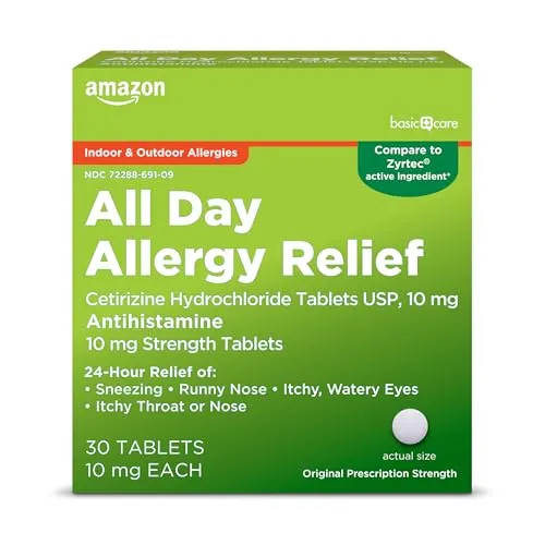 Amazon Basic Care All Day Allergy, Cetirizine Hydrochloride Tablets, 10 mg, Antihistamine, 30 Count (Packaging may vary)