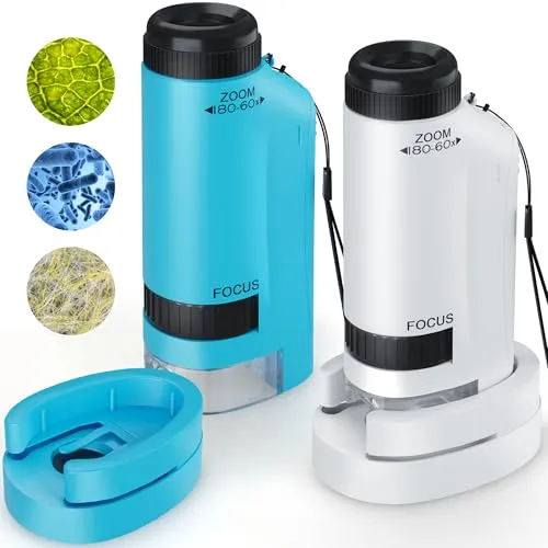 Portable Microscope for Kids Zoom 60x-180x,Handheld Mini Microscope STEM & Science Toys,LED Pocket Microscope,Little Scientist Microscope with 12pcs Slides,Gifts for 6,7,8,9,10+ Girls Boys（Blue&White）