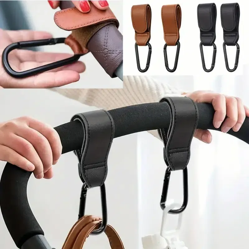 2pcs stroller hooks for hanging diaper bags, multi-purpose hooks for grocery shopping bags, artificial leather stroller straps, artificial leather for Christmas, Halloween and Thanksgiving gifts